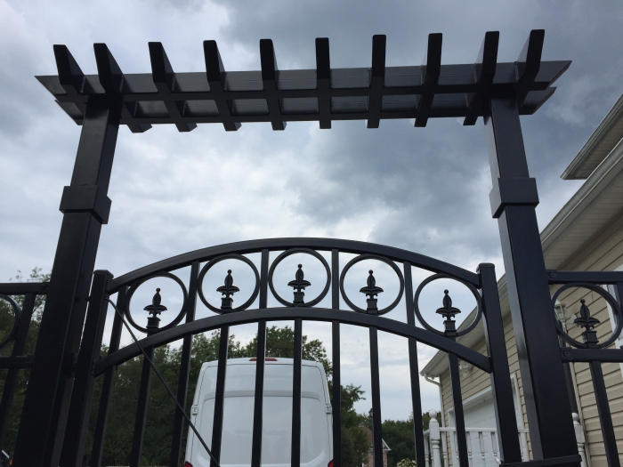 Custom Steel Pergola Over Steel Ornamental Walk Gate